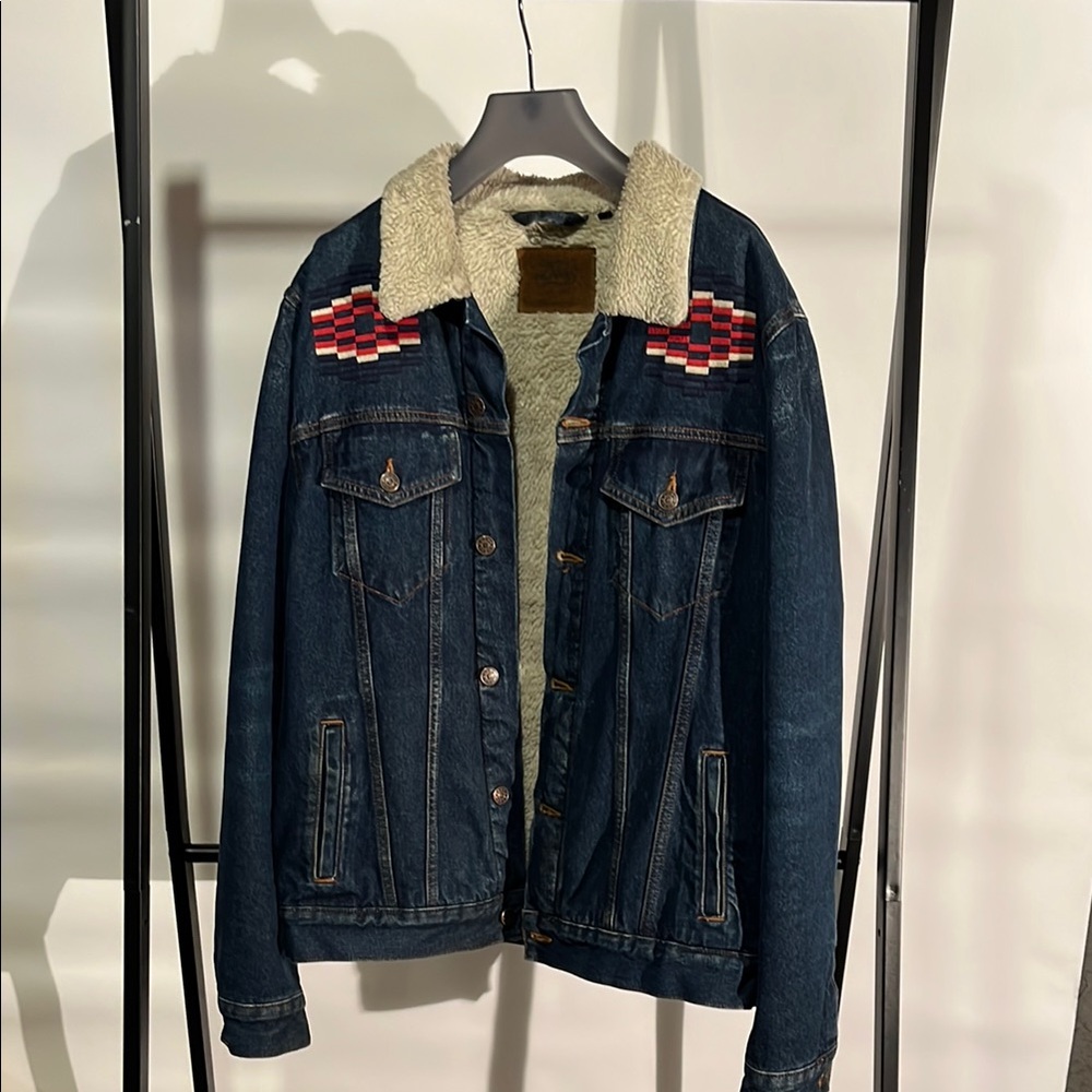 Denim Sherpa-Lined Jacket with Red Accents